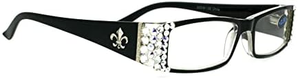 The French (Bling) Fleur De Lis Women Reading Glasses with (Clear + Aurora Borealis) Austrian Crystals (Black) Rectangular