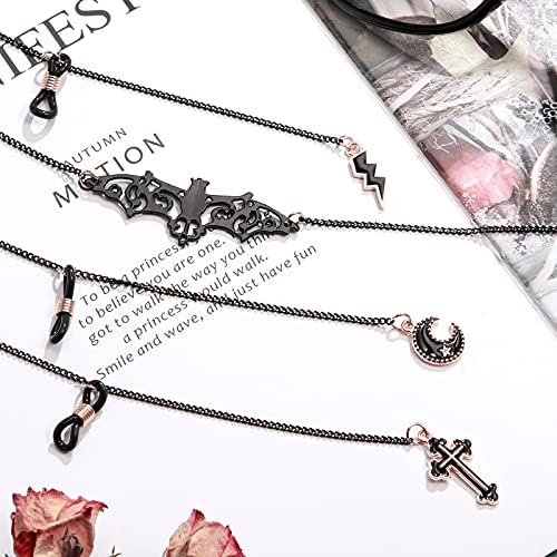 Weewooday 4 Pcs Halloween Glasses Chain For Women Goth Bat Eyeglass Chain Cross Eyewear Lanyard Moon Pendant Sunglass Strap(Black 4 Pieces)