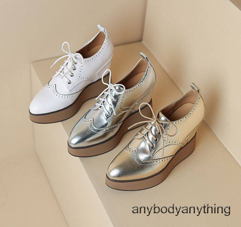 10CM Wedge Inside Womens Real Leather Pointy Toe Carved High Heels Lace Up Shoes