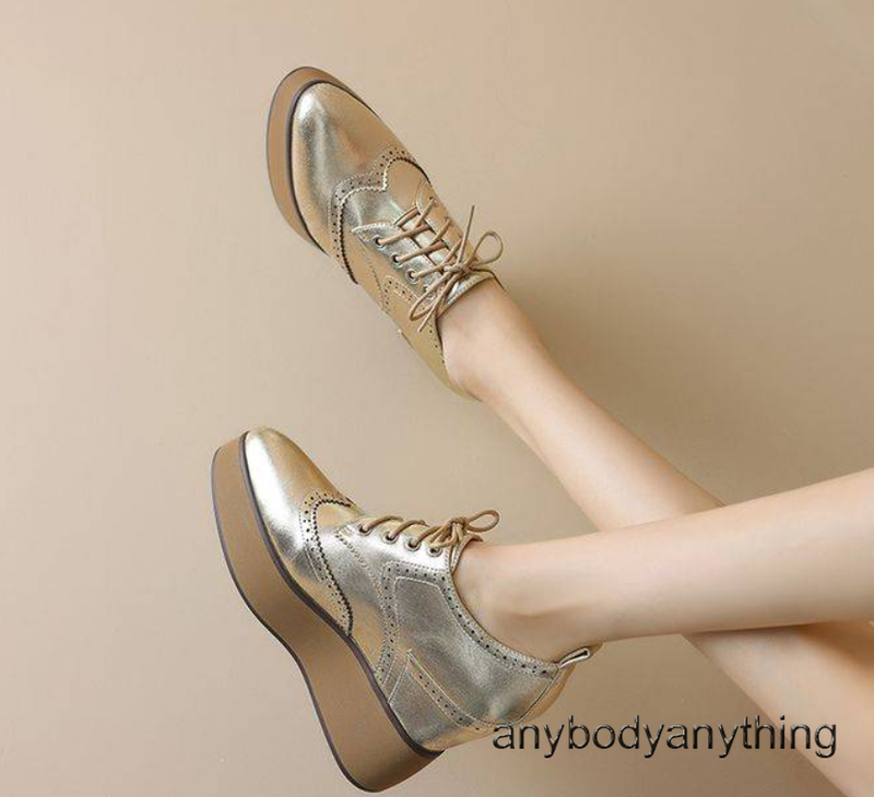 10CM Wedge Inside Womens Real Leather Pointy Toe Carved High Heels Lace Up Shoes