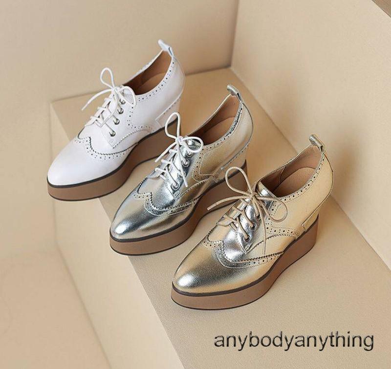 10CM Wedge Inside Womens Real Leather Pointy Toe Carved High Heels Lace Up Shoes