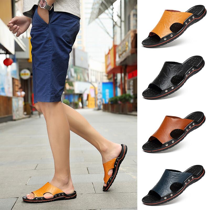 2023 Men Summer PU Leather Casual Sandals Beach Shoes Anti-slip Flat Slippers