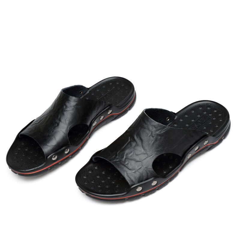 2023 Men Summer PU Leather Casual Sandals Beach Shoes Anti-slip Flat Slippers