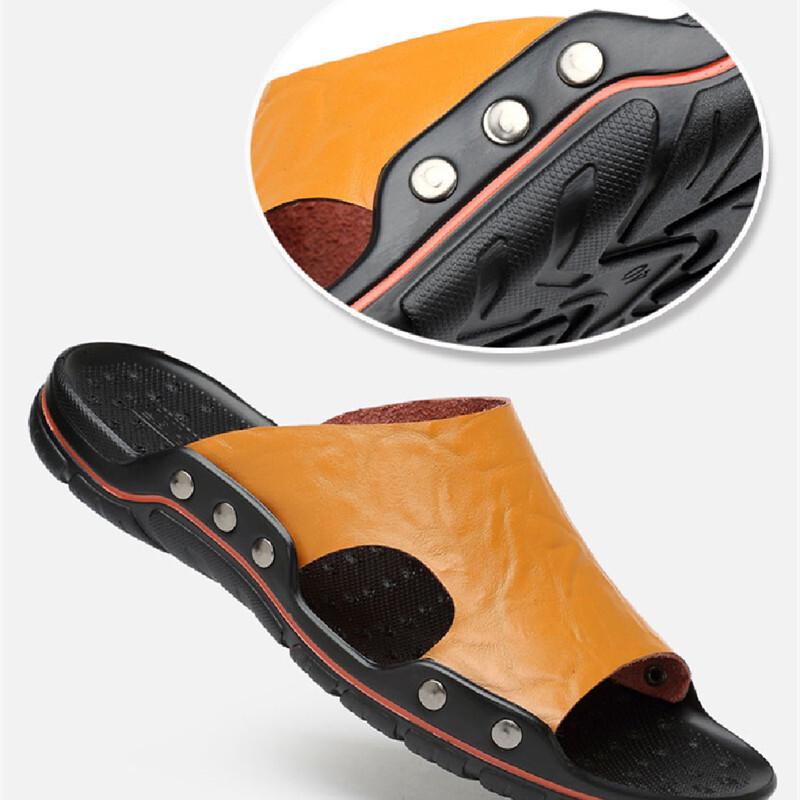 2023 Men Summer PU Leather Casual Sandals Beach Shoes Anti-slip Flat Slippers