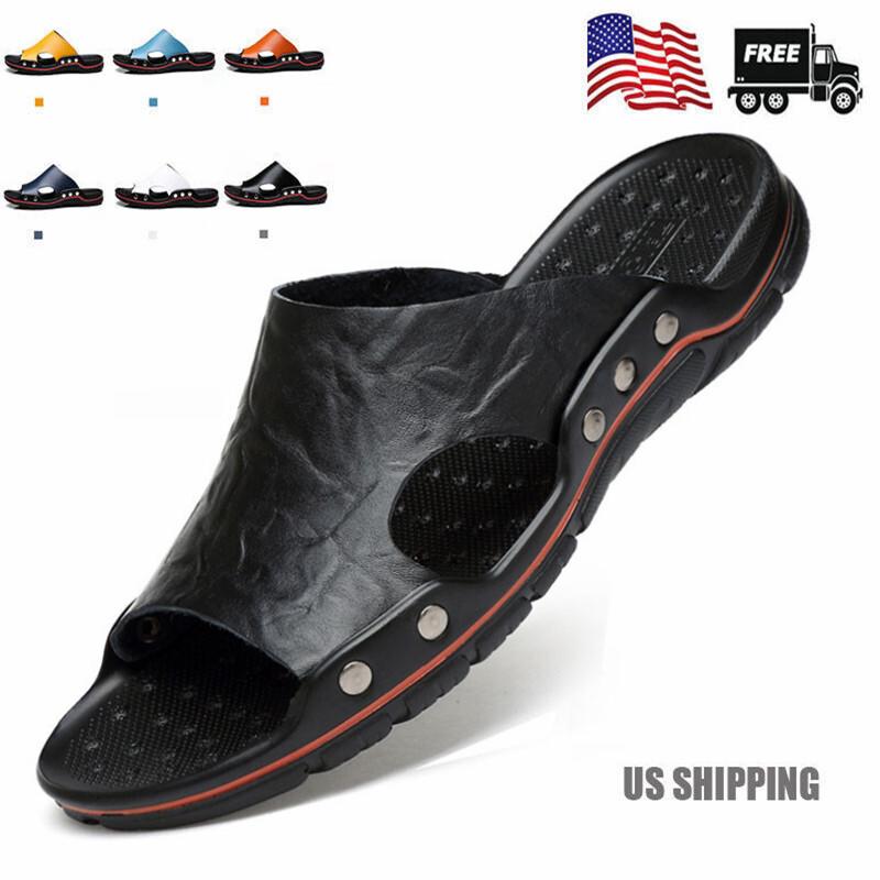 2023 Men Summer PU Leather Casual Sandals Beach Shoes Anti-slip Flat Slippers