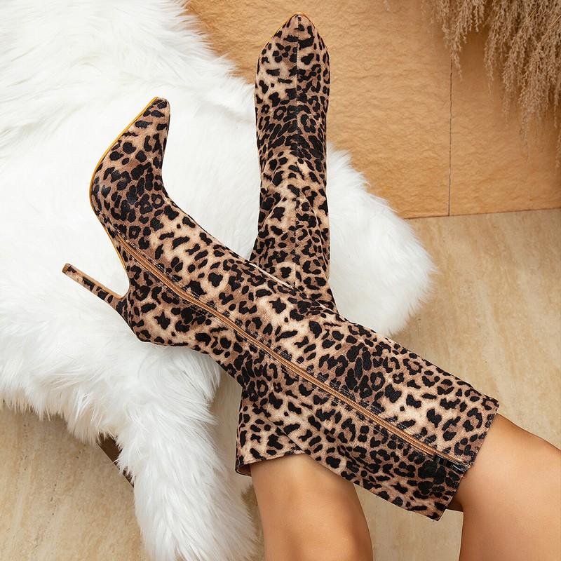 2024 Winter Women's Leopard Print Boots High Heels Pointed Toes Knee High Boots