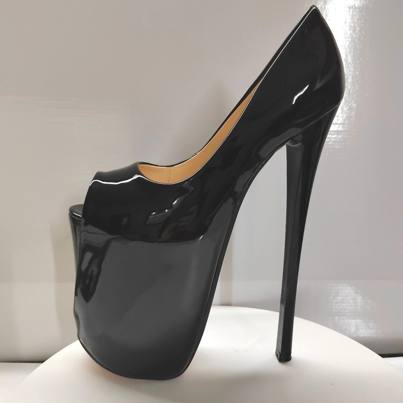22cm Patent Leather Peep Toe Pumps Womens Spring Summer Slip On High Heel Shoes