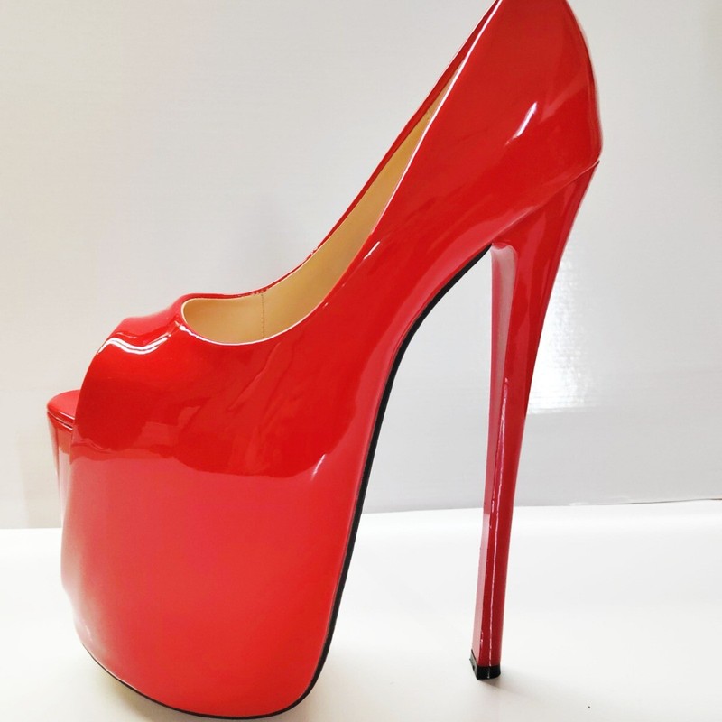 22cm Patent Leather Peep Toe Pumps Womens Spring Summer Slip On High Heel Shoes