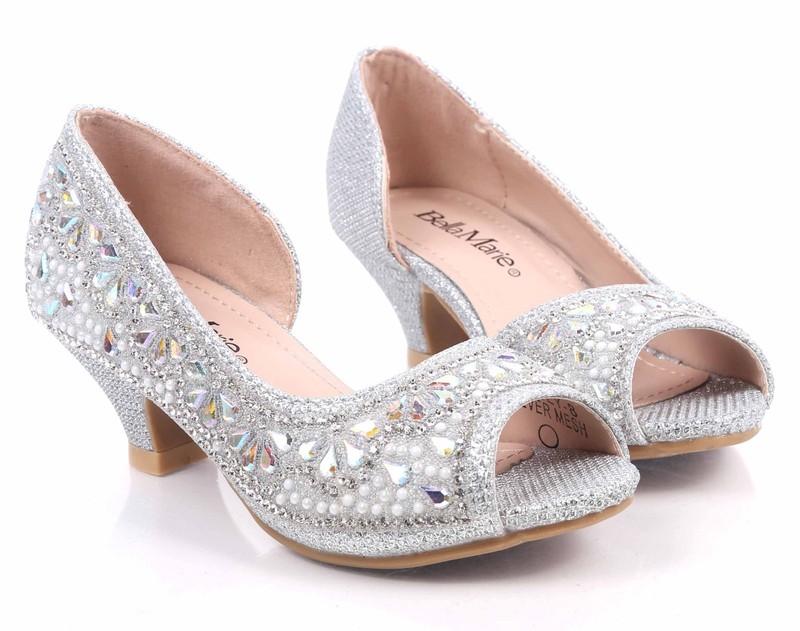 3 Color Blink Rhinestones Kids Open Toe Girls Kitten Heels Youth Dress Shoes