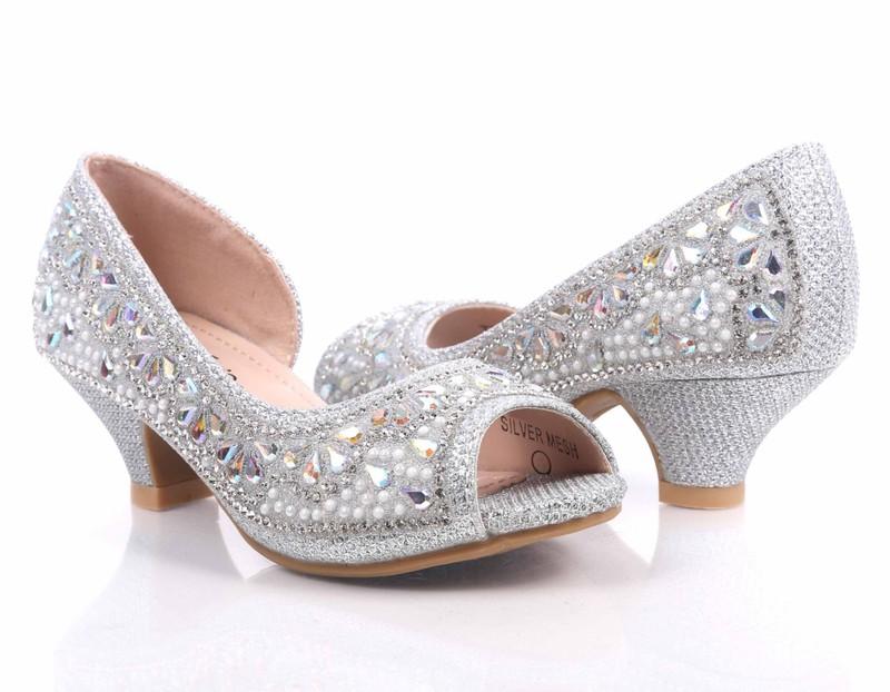 3 Color Blink Rhinestones Kids Open Toe Girls Kitten Heels Youth Dress Shoes