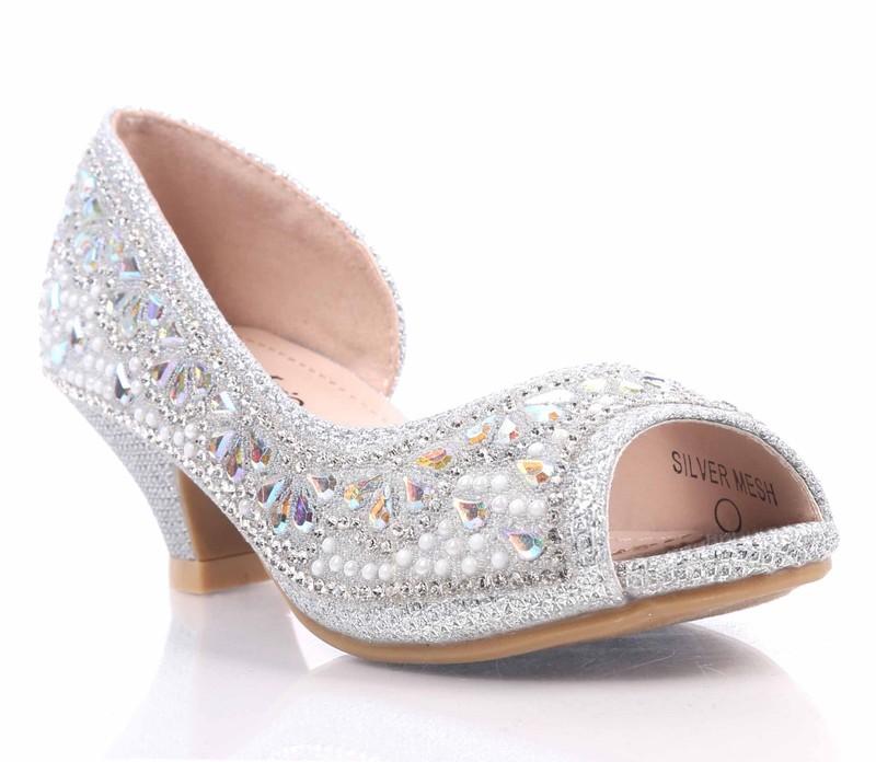 3 Color Blink Rhinestones Kids Open Toe Girls Kitten Heels Youth Dress Shoes