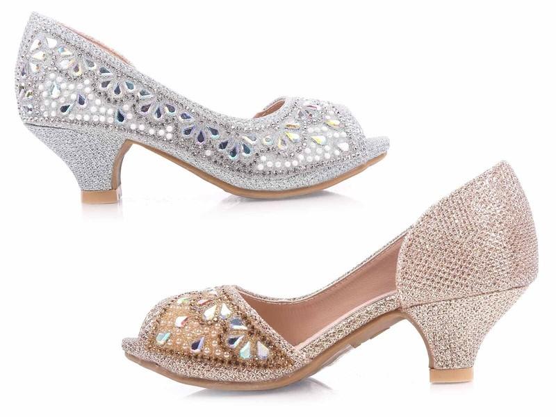 3 Color Blink Rhinestones Kids Open Toe Girls Kitten Heels Youth Dress Shoes