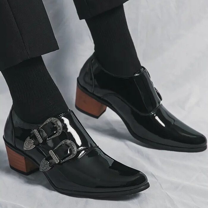 38-46 Men's Pointed Toe Block Cuban Heel Buckle Formal Dress Shoes Evening Party