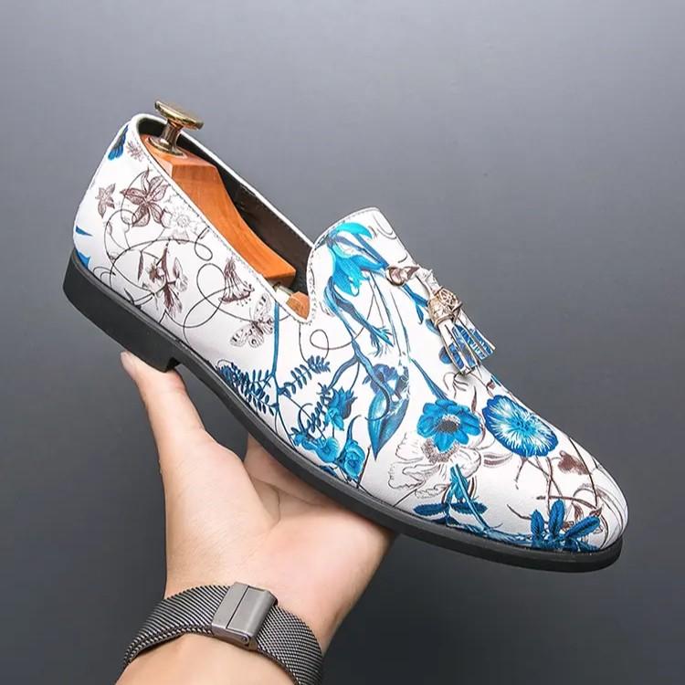 38-46 Mens Floral Print Men's Tassels Slip on Loafers Casual Evening Party Shoes