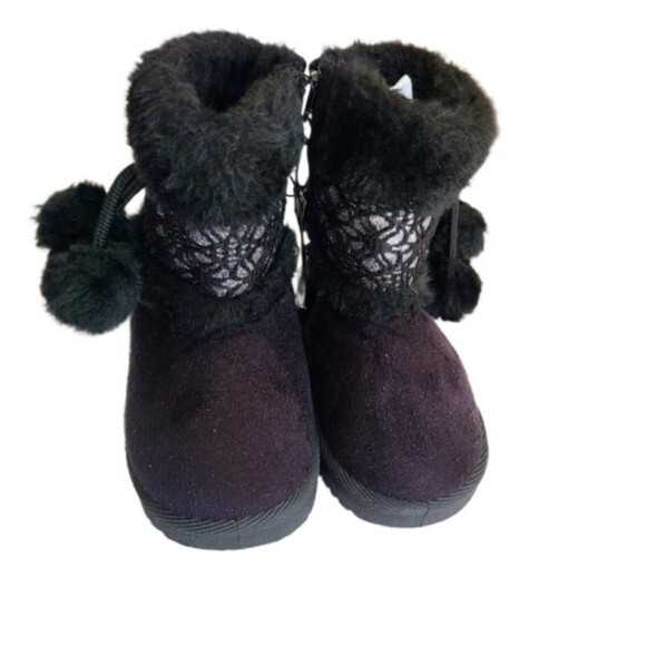 Adorable Child Girls Pom Pom Black Faux Suede Fur Fall Winter Snow Boots Size 6