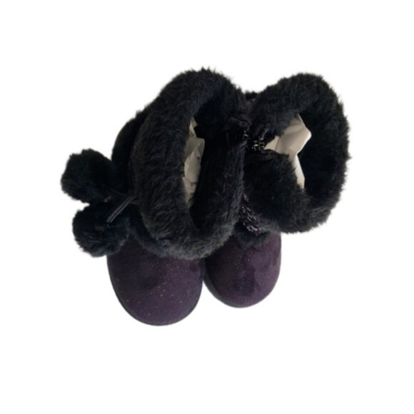 Adorable Child Girls Pom Pom Black Faux Suede Fur Fall Winter Snow Boots Size 6