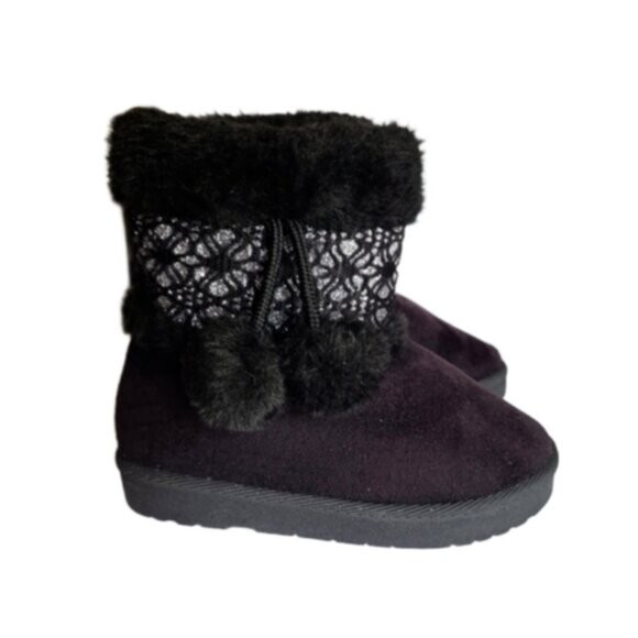 Adorable Child Girls Pom Pom Black Faux Suede Fur Fall Winter Snow Boots Size 6