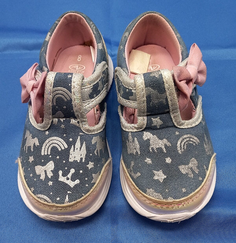 Athletic Works Girl's Denim Silver & Pink Unicorn Stars Hearts Sneakers Sz 8
