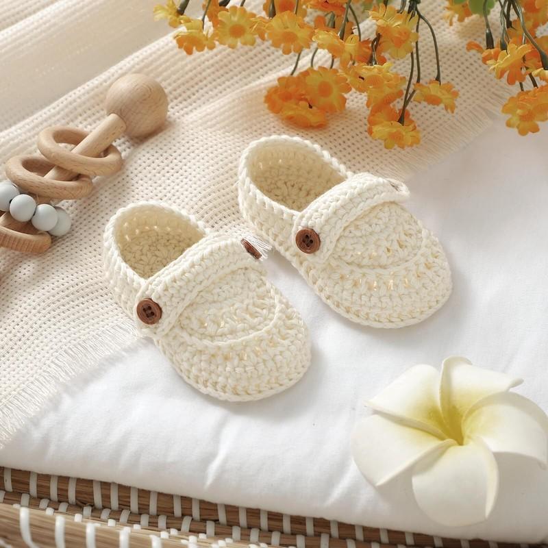 Baby Girl Crochet Booties Hand Knitted Mary Jane Style Infant Shoes Soft Sole