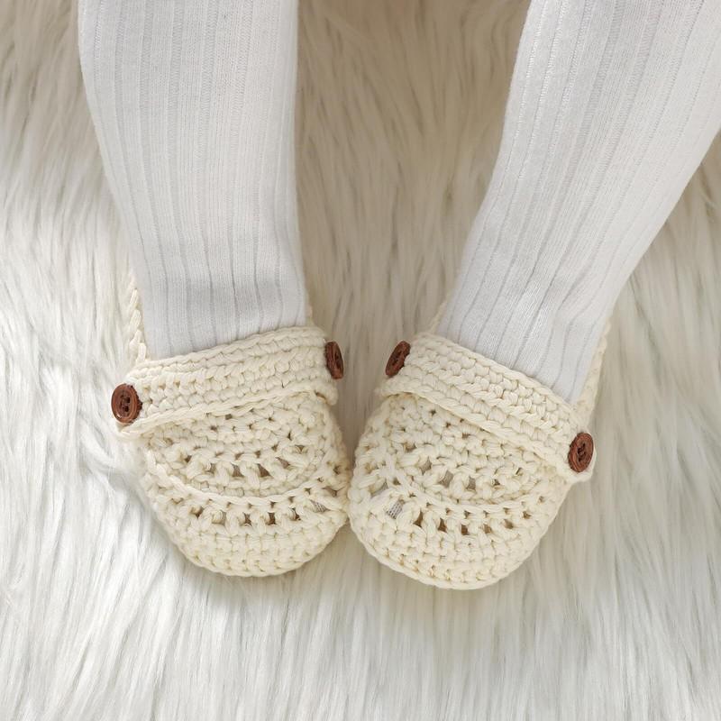 Baby Girl Crochet Booties Hand Knitted Mary Jane Style Infant Shoes Soft Sole