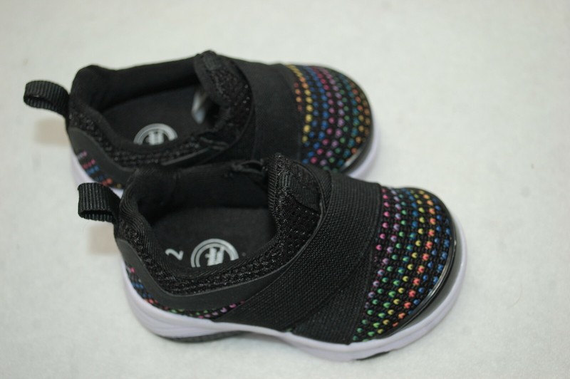 Baby Girls Shoes BLACK SNEAKERS w/ COLORED DOTTED LINES Pull On SIZE 2