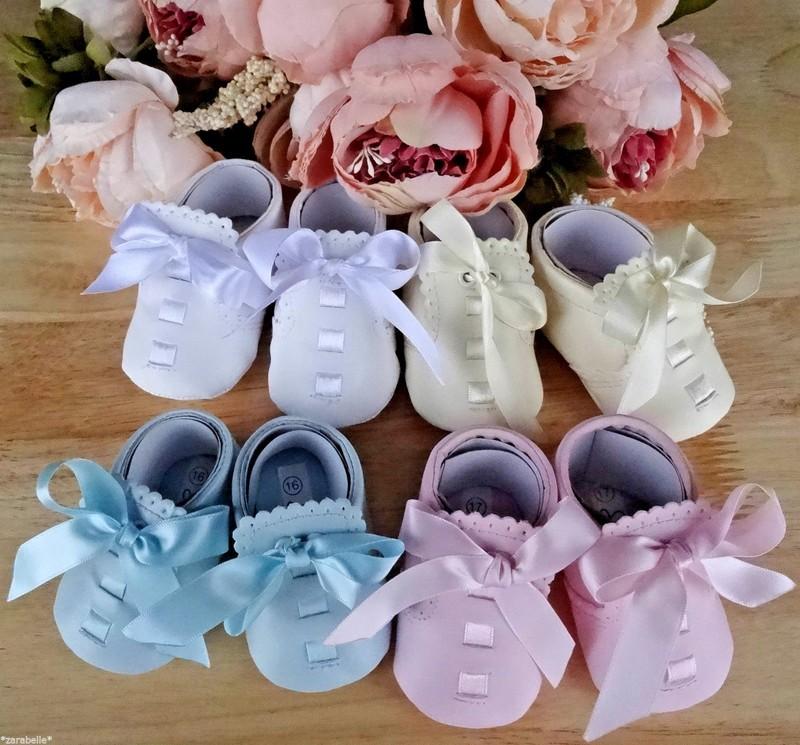 Baby Pram Shoes Soft Sole Faux Leather White Pink Cream Blue Ribbon Christening