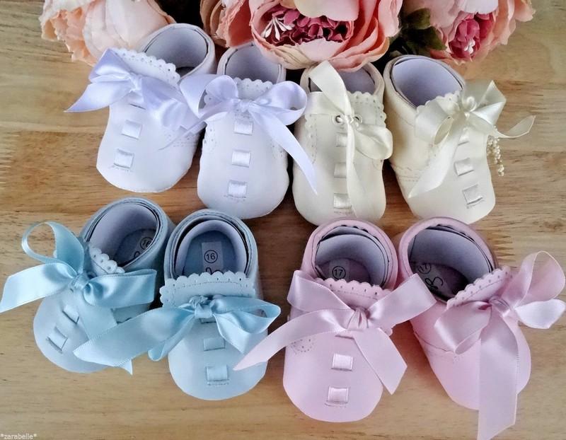 Baby Pram Shoes Soft Sole Faux Leather White Pink Cream Blue Ribbon Christening