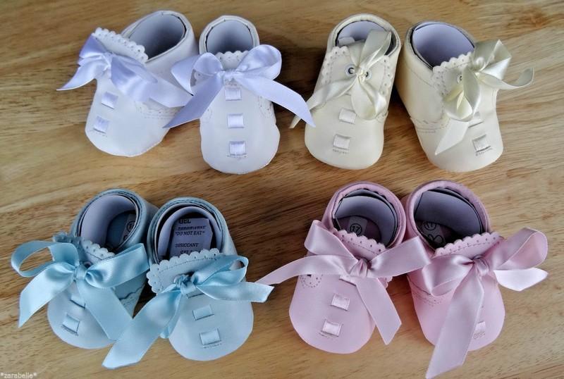 Baby Pram Shoes Soft Sole Faux Leather White Pink Cream Blue Ribbon Christening