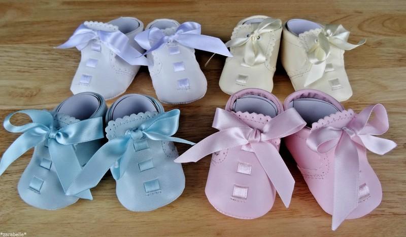 Baby Pram Shoes Soft Sole Faux Leather White Pink Cream Blue Ribbon Christening