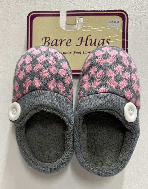 Bare Hugs Girl Size Medium 13-1 Slip On Gray And Pink Textile Slippers