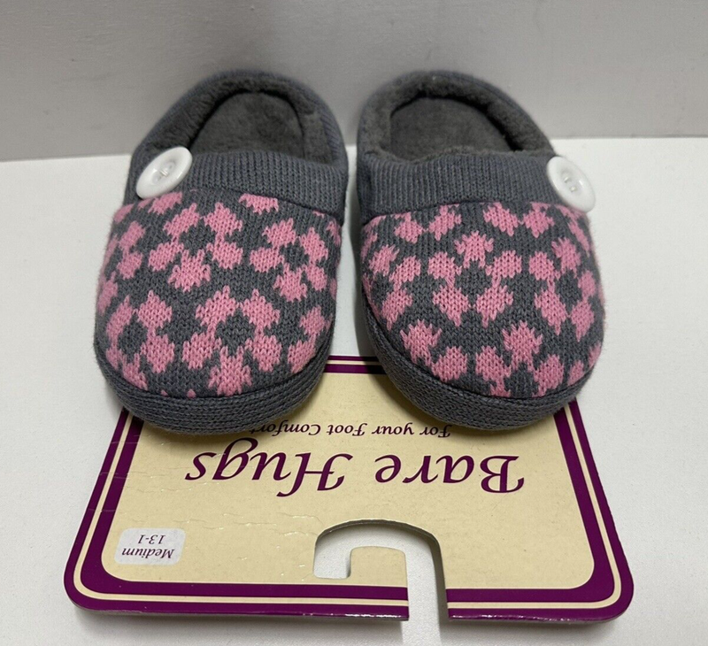 Bare Hugs Girl Size Medium 13-1 Slip On Gray And Pink Textile Slippers