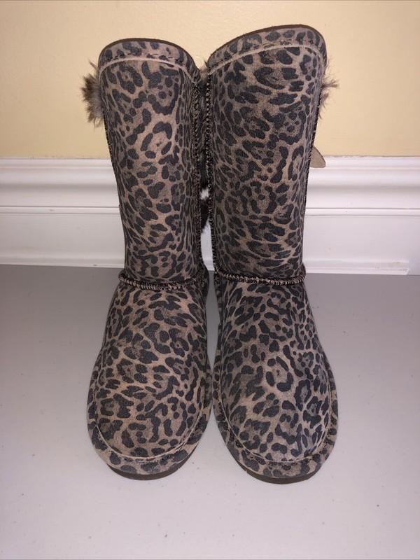 Bearpaw Suede Leopard Print Boots Girls Boshie Youth 3 1669Y NEW Fur Lined