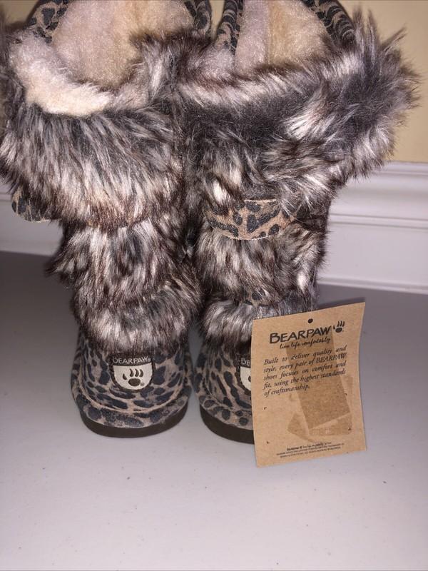 Bearpaw Suede Leopard Print Boots Girls Boshie Youth 3 1669Y NEW Fur Lined