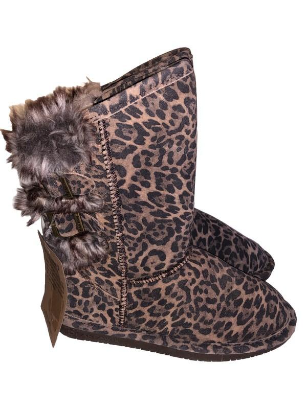 Bearpaw Suede Leopard Print Boots Girls Boshie Youth 3 1669Y NEW Fur Lined