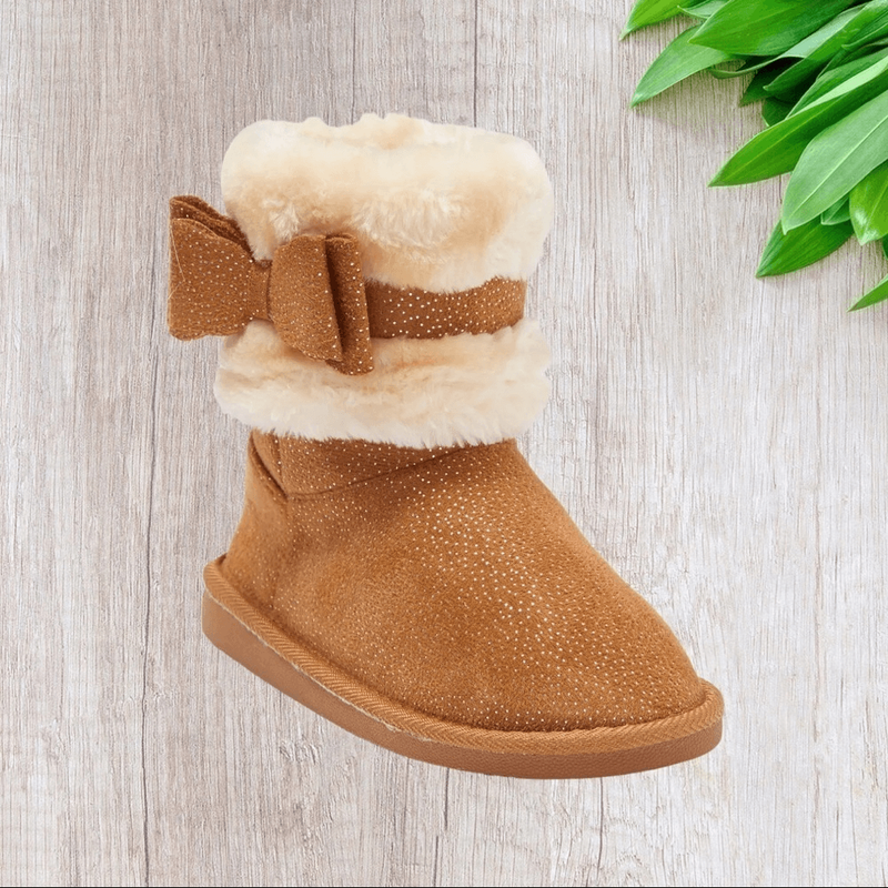 Bebe Shimmer Microsuede Faux Fur Trimmed Winter Boot In Cognac 4M Little Kid