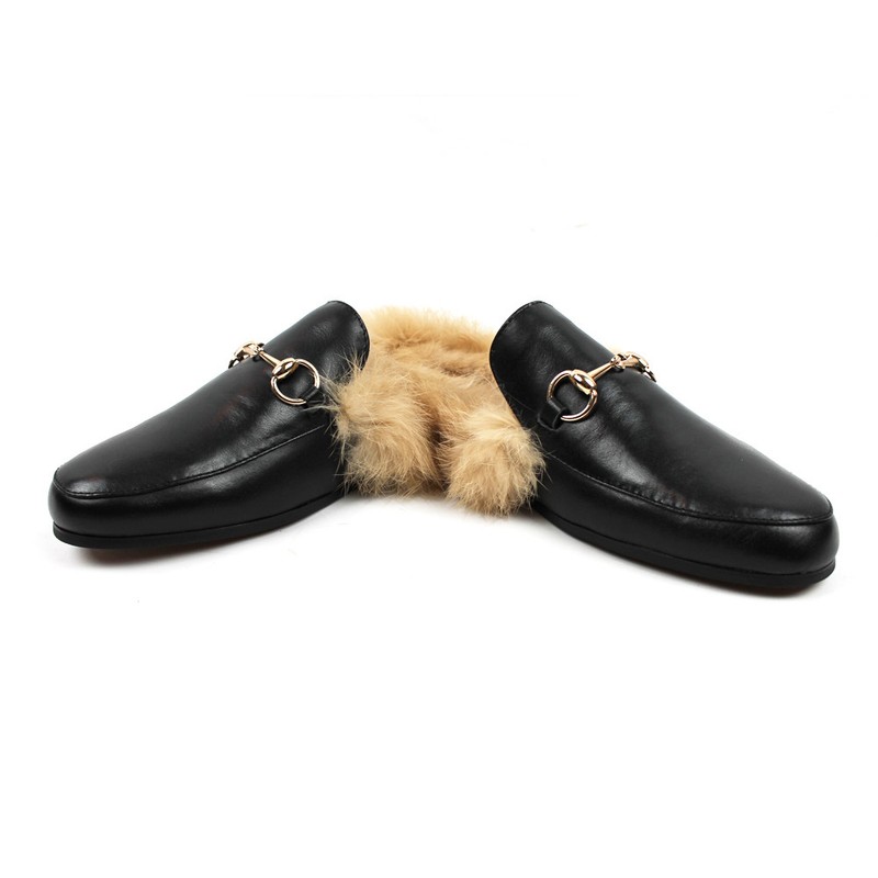 Black Backless Slip On Real Leather Fur Gold Buckle Loafers Shoes Slipper AZAR