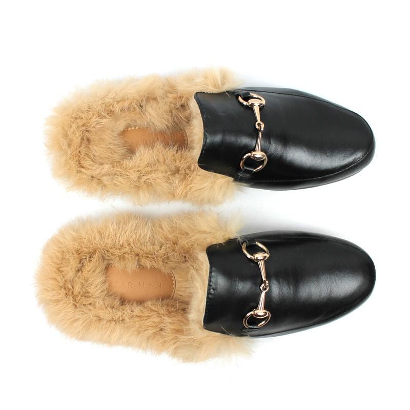 Black Backless Slip On Real Leather Fur Gold Buckle Loafers Shoes Slipper AZAR