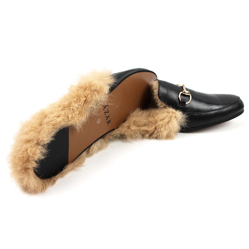 Black Backless Slip On Real Leather Fur Gold Buckle Loafers Shoes Slipper AZAR