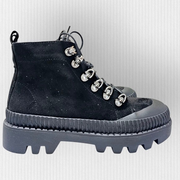 Black Combat Moto Ankle Boots With Chunky Platform Sole Zip Closure US 5.5 NWT