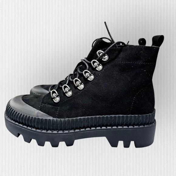 Black Combat Moto Ankle Boots With Chunky Platform Sole Zip Closure US 5.5 NWT