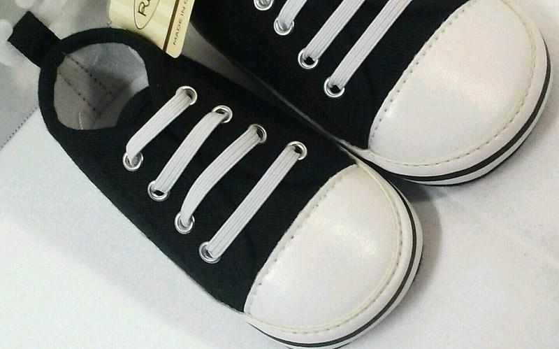 Black Sneaker Baby Crib Shoe Infant Size 2 Rising Star White Elastic Laces