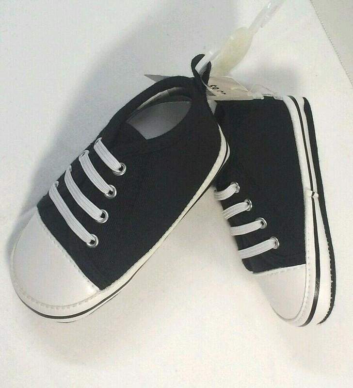 Black Sneaker Baby Crib Shoe Infant Size 2 Rising Star White Elastic Laces