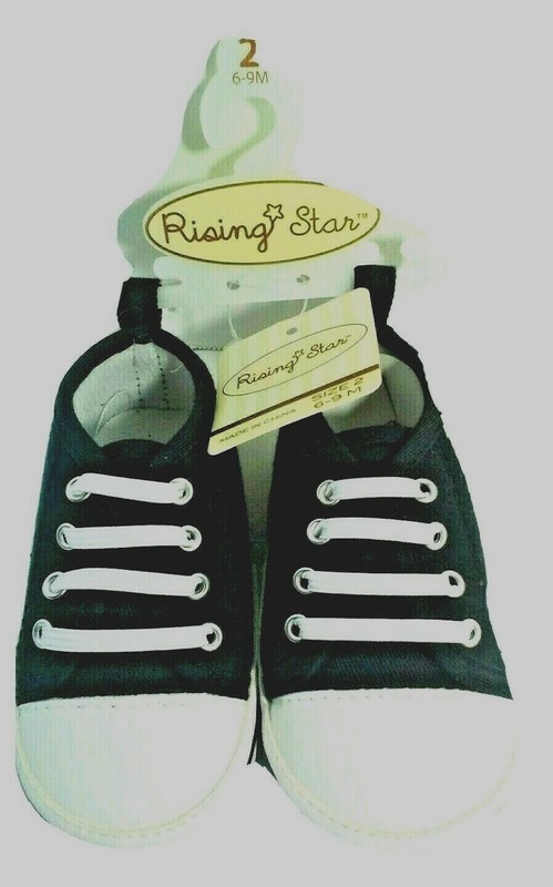 Black Sneaker Baby Crib Shoe Infant Size 2 Rising Star White Elastic Laces