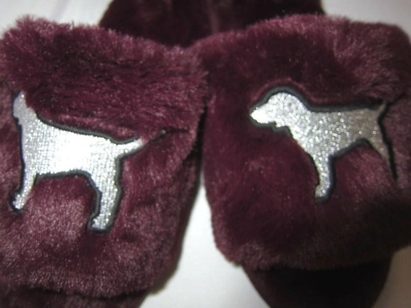 BLING Victoria Secret Pink EMBROIDERY SHINE LOGO FAUX FUR SLIPPERS SLIDE L 9-10