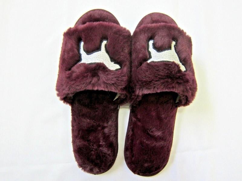 BLING Victoria Secret Pink EMBROIDERY SHINE LOGO FAUX FUR SLIPPERS SLIDE L 9-10