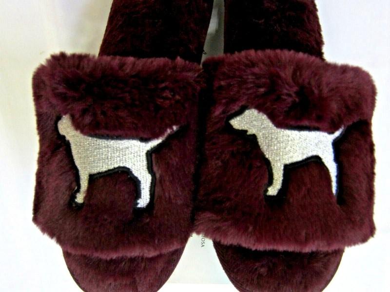 BLING Victoria Secret Pink EMBROIDERY SHINE LOGO FAUX FUR SLIPPERS SLIDE L 9-10