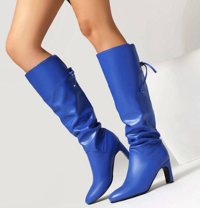 Blue Lace-up Knee High Boots Womens Round Toe Block Heel Fashion Shoes Occident