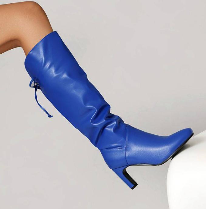 Blue Lace-up Knee High Boots Womens Round Toe Block Heel Fashion Shoes Occident
