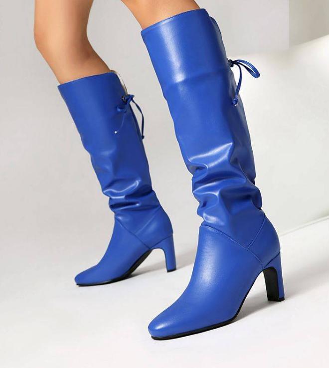 Blue Lace-up Knee High Boots Womens Round Toe Block Heel Fashion Shoes Occident
