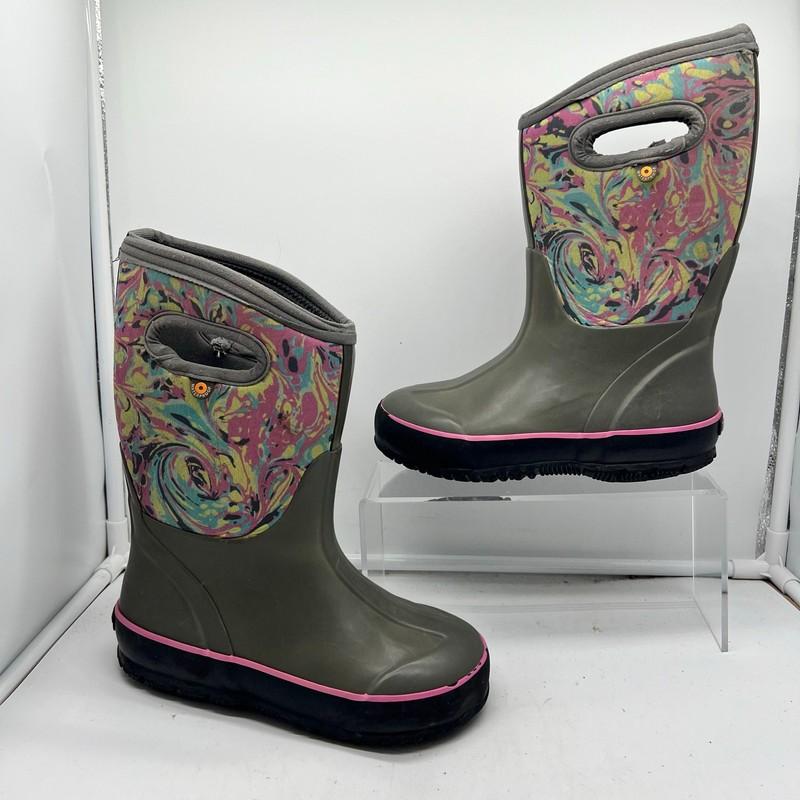 Bogs Snow Boots Kids Youth 2 Classic Marble Handle Pull On Gray Winter